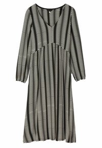 Vestido de estampado en blanco y negro con mangas largas, escote redondeado y cintura fruncida; diseño de ondas texturizadas que corre verticalmente. Tela suave.