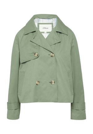 Veste verte à double boutonnage avec de gros boutons, col large et coupe légèrement courte. Elle possède une doublure rayée et des poches latérales.
