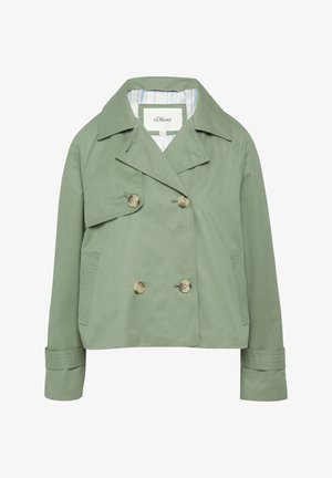 Green, double-breasted jacket with large buttons, wide collar, and a slightly cropped cut. Features a striped lining and side pockets.