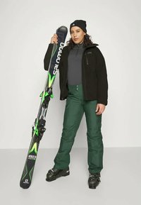 Skilugeudstyr med sort softshell-jakke, grå mellemlag, grønne skibukser, sorte skistøvler og en Salomon-ski med grønne accenter.