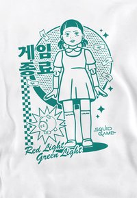 Graphic design featuring a character in a dress with short sleeves, a round collar, and knee-high socks, along with text and a piggy bank illustration.