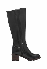 Botín de cuero negro hasta la rodilla con tacón cuadrado, cremallera lateral y detalle de tira decorativa. Textura suave con un acabado ligeramente brillante.