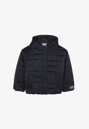 Veste doudoune marine avec capuche, dotée d'une fermeture éclair sur le devant et de deux poches latérales, conçue pour la chaleur et le confort. Logo KENZO sur la manche.