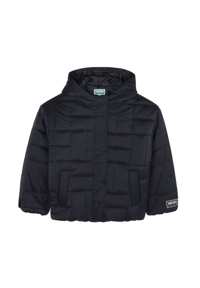 Navy puffer jacket with a hood, featuring a front zipper and two side pockets, designed for warmth and comfort. KENZO logo on the sleeve.