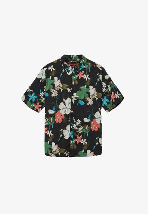 Lyhythihainen musta paita, jossa monivärinen kukkakuvio punaisilla, valkoisilla, sinisillä ja vihreillä yksityiskohdilla ja napillinen edusta.