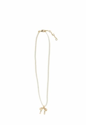 Delicate pearl necklace with gold-toned bow-shaped pendant and an adjustable chain clasp on a white background.