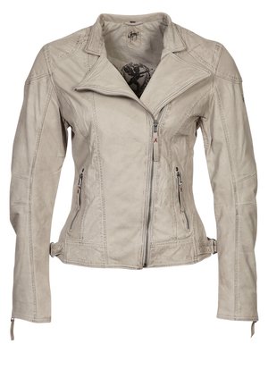 Giacca in pelle grigia chiara con zip frontale, tasche laterali e cuciture decorative. Caratterizzata da un colletto a punta e un design aderente.