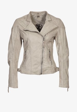 Hellgraue Lederjacke mit Reißverschluss vorne, seitlichen Taschen und dekorativen Nähten. Verfügt über einen spitzen Kragen und eine taillierte Passform.