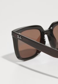 Mustad musta ristküliku raami ja pruunide toonitud objektiividega prillid, mille küljes on hõbedane Ray-Ban logo. Sile ja läikiv viimistlus ning vastupidavad hinged.