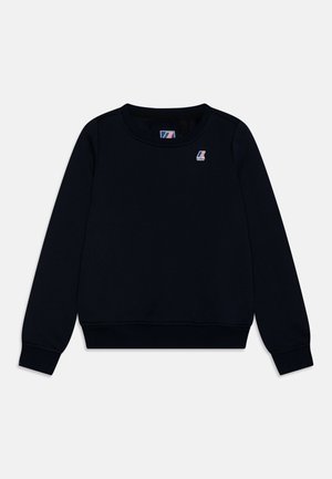 Donkerblauwe crewneck-trui met geribde boorden en zoom, voorzien van een klein logo op de borst en gemaakt van een zachte, gestructureerde stof.