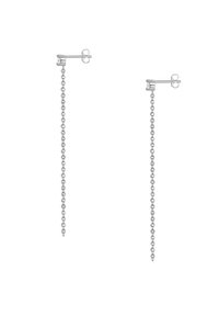 Ezüst lánc fülbevalók, amelyek hosszú csepp kialakítással rendelkeznek, vékony lánccal és kis gombbal, kiemelve a minimalista esztétikát.