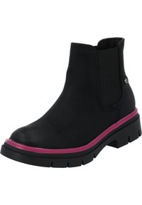 Svarta ankellånga stövlar med elastiska sidopaneler, med en texturerad ovandel, rosa detaljer runt basen och en kraftig gummisula.