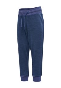 Marinblå joggerbyxor med en texturerad finish, elastisk midja och justerbar dragsko. Muddar vid anklarna i matchande färg.