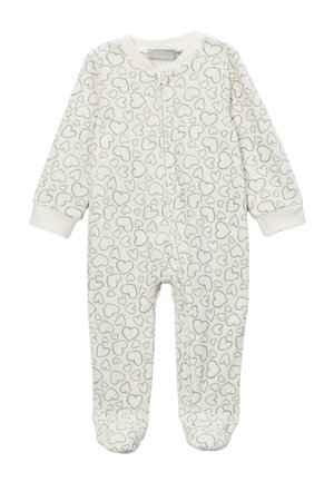 Body blanc pour bébé avec des contours de cœur gris partout, manches longues et fermeture éclair à l'avant, du cou à la cheville.