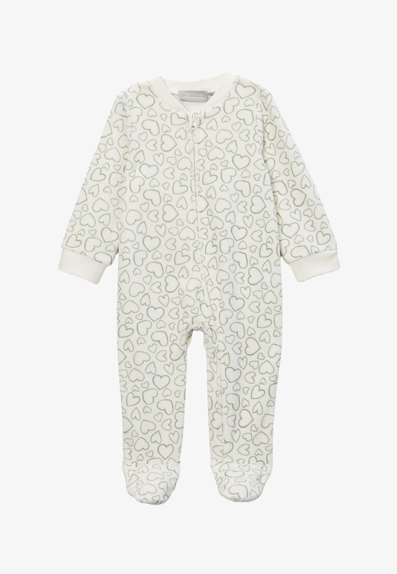 Body blanc pour bébé avec des contours de cœur gris partout, manches longues et fermeture éclair à l'avant, du cou à la cheville.
