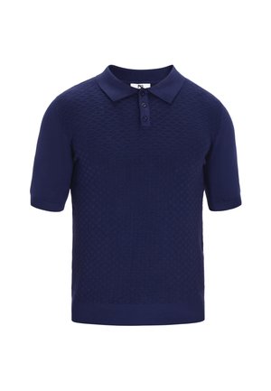 Tamsiai mėlynas trumpomis rankovėmis polo marškinėliai su tekstūruotu rombų raštu, 3 mygtukų užsegimu ir veliūrine apykakle bei apačia. Pagaminta iš mezginio audinio.