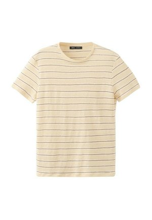 Beige short-sleeve t-shirt with thin horizontal brown stripes and a round neckline, laid flat on a white background.