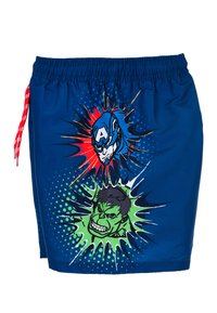 Blauwe zwembroek met een trekkoord in de taille, met drukgraphics van Captain America en Hulk in levendige kleuren en gedurfde explosies.