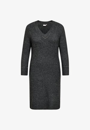 Dark gray knitted long-sleeve dress with V-neckline and small decorative studs along collar and cuffs.