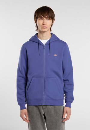 Jonge man in een blauwe zip-up hoodie met een klein logo op de borst en grijze broek, staande tegen een witte achtergrond.