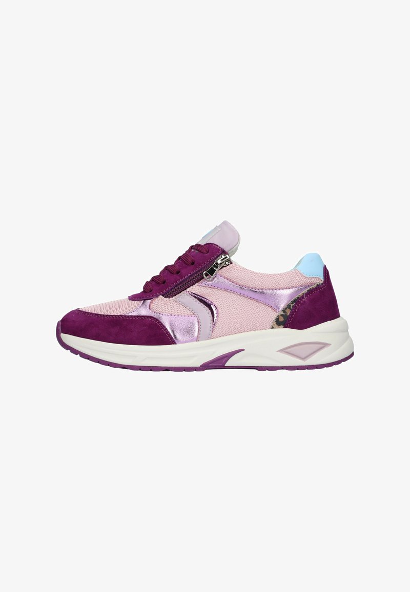 Fioletowe i różowe sneakersy z siateczkowym cholewką, zamszowymi akcentami, metalicznymi detalami, zamkiem błyskawicznym oraz białą podeszwą środkową z fioletowymi akcentami.