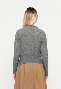 Grijze gebreide trui met een ronde halslijn, gestructureerde stof en een verkorte zoom. Gecombineerd met een tan kleurige flared rok. Achteraanzicht getoond.