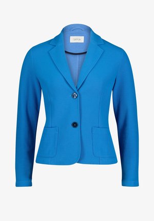 Světlomodré dámské sako se dvěma knoflíky, klopovým límcem s výřezem, dlouhými rukávy a dvěma předními našitými kapsami.