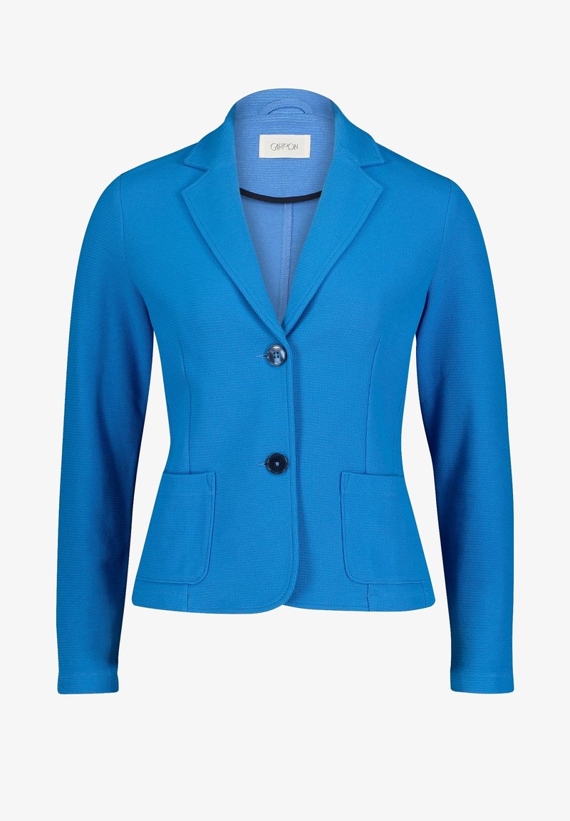 Blazer bleu vif pour femme avec deux boutons, col cranté, manches longues et deux poches plaquées à l'avant.