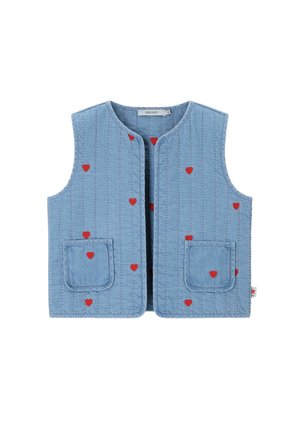 Veste matelassée sans manches bleu clair avec petits motifs de cœurs rouges et deux poches avant.