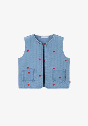 Veste matelassée sans manches bleu clair avec petits motifs de cœurs rouges et deux poches avant.