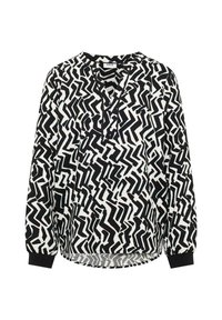 Schwarz-weißes Langarmbluse mit abstraktem Zickzackmuster, V-Ausschnitt und gerippten Bündchen. Weicher Stoff mit lockerer Passform.