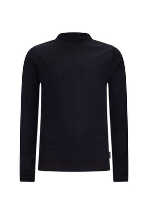 Langärmliges, schwarzes, geripptes Rollkragenshirt aus weichem Stoff. Es hat ein enganliegendes Design und minimale Nähte am Saum.