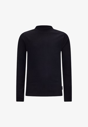 Maglietta a maniche lunghe, nera, con collo alto a coste realizzata in tessuto morbido. Presenta un design aderente e dettagli di cucitura minimi sull'orlo.