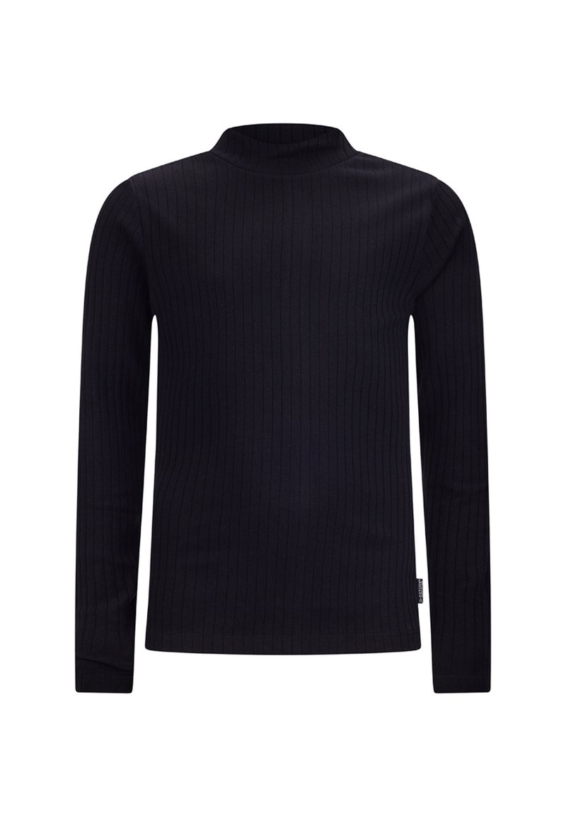 Langärmliges, schwarzes, geripptes Rollkragenshirt aus weichem Stoff. Es hat ein enganliegendes Design und minimale Nähte am Saum.