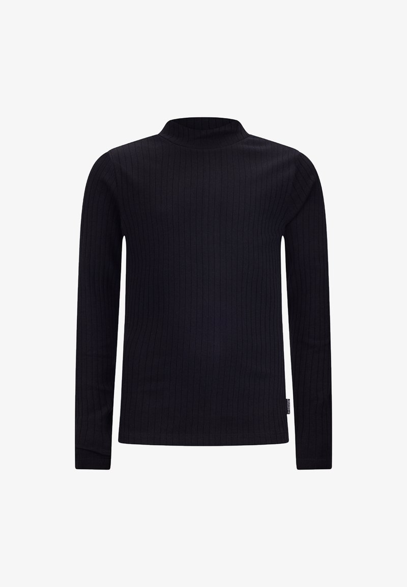 Langärmliges, schwarzes, geripptes Rollkragenshirt aus weichem Stoff. Es hat ein enganliegendes Design und minimale Nähte am Saum.