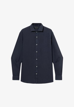 Chemise bleu marine à manches longues avec col et boutons blancs, présentée à plat sur un fond blanc.