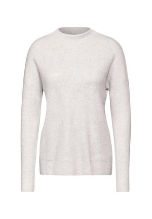 Maglione di maglia grigia chiara con texture, colletto rotondo e maniche lunghe. Presenta una vestibilità comoda e una leggera costina ai polsini e all'orlo.