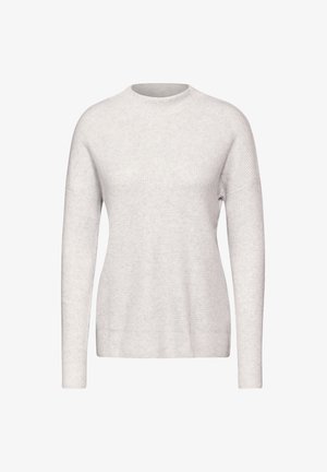 Lichtgrijze textuur gebreide trui met een ronde halslijn en lange mouwen. Heeft een ontspannen pasvorm en subtiele ribbels aan de manchetten en de zoom.