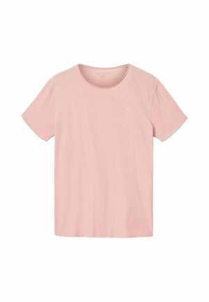 Camiseta rosa claro de manga corta y cuello redondo, extendida sobre un fondo blanco.
