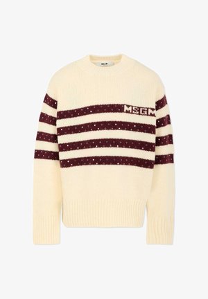 Kremowy sweter z bordo paskami i cekinami, z okrągłym dekoltem i prążkowanymi mankietami. Wzór zawiera logo "MSGM".