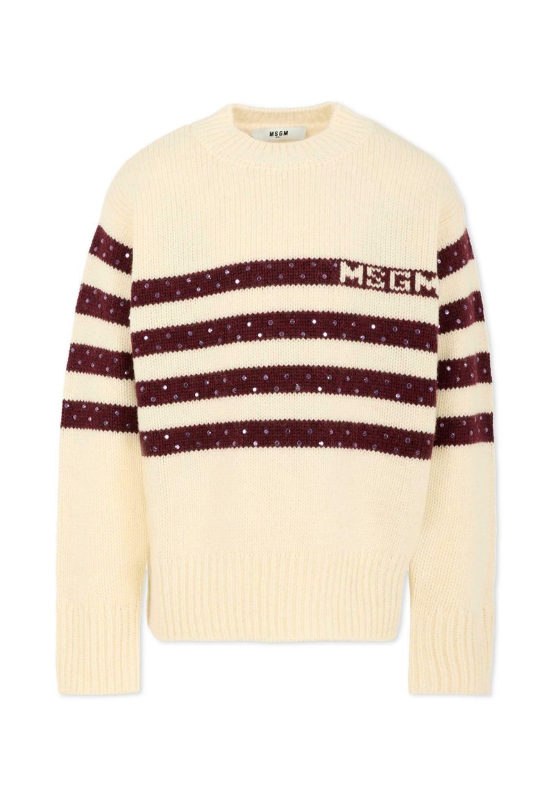 Maglione crema con strisce marrone e paillettes, dotato di collo rotondo e polsini a coste. Logo "MSGM" incluso nel design.