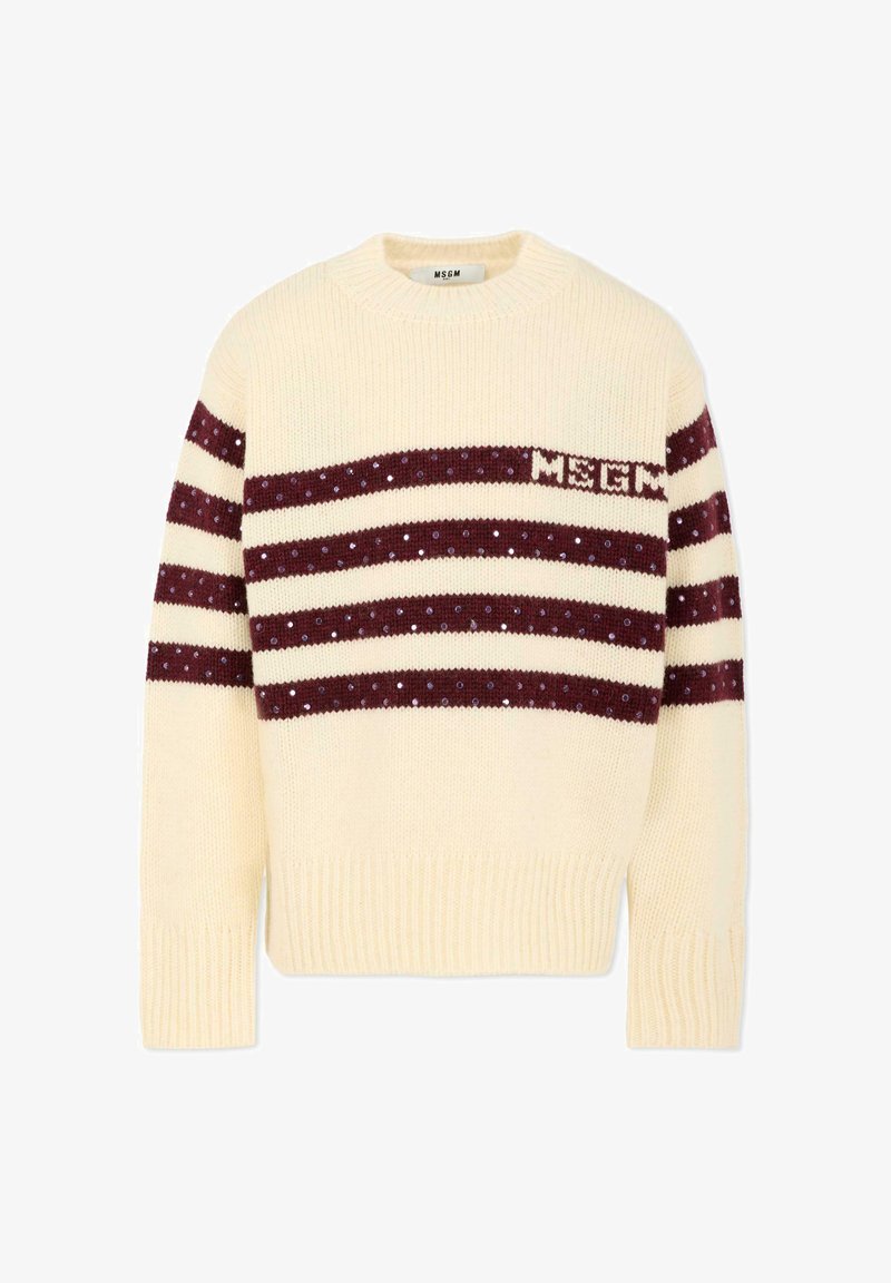 Kremowy sweter z bordo paskami i cekinami, z okrągłym dekoltem i prążkowanymi mankietami. Wzór zawiera logo "MSGM".