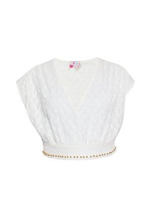 Hvid cropped top med V-hals og korte ærmer. Teksturéret stof med subtile lodrette striber og en flettet talje udsmykket med gyldne perler.