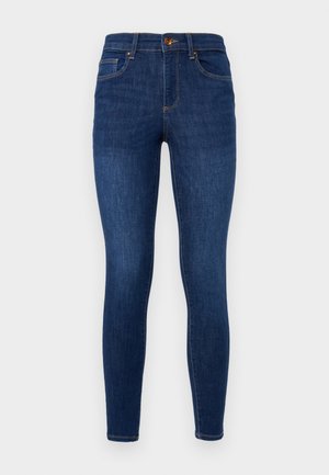 Mørkeblå denim skinny jeans med høy midje, klassisk fem-lommers design, subtil kontrastsøm og metallknapplukking.
