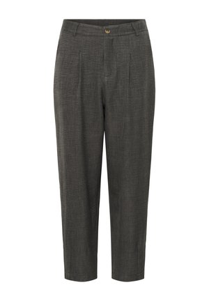 Harmaat pellavahousut, joissa on tekstuuripinta, etupleat, yksittäinen nappisuljenta ja lyhennetty pituus.