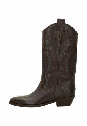 Botte de cowboy en cuir marron avec une couture décorative, un bout pointu et un petit talon carré. Dotée d'une surface texturée et d'accents contrastants.