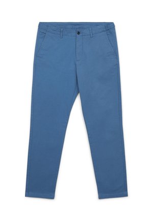 Chinos bleus en coton. Présentent une taille traditionnelle avec un bouton, deux poches latérales et une coupe droite. Texture lisse.