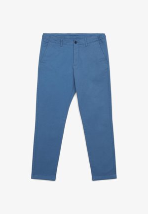 Chinos bleus en coton. Présentent une taille traditionnelle avec un bouton, deux poches latérales et une coupe droite. Texture lisse.