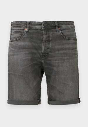 Mørkegrå denimshorts med rullet kant, fem lommer, slitesterk stoff og minimalistiske sømdetaljer.