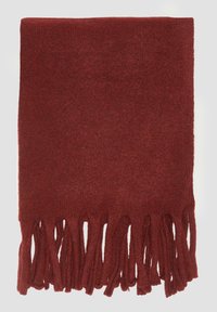 Écharpe tricotée en laine rouge foncé, avec une texture douce et de longues franges aux extrémités. Forme rectangulaire, bords réguliers.